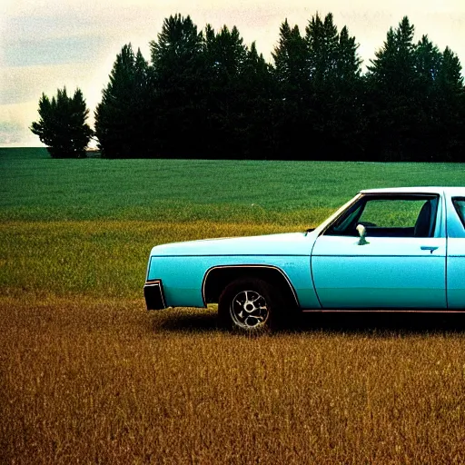 Image similar to A photograph of a (((((rusty, worn out, broken down, beater))))) Powder Blue Dodge Aspen (1976) in a farm field, photo taken in 1989