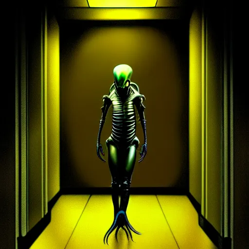 Image similar to black glossy xenomorph, alien movie, endless empty office building, pale yellow wallpaper, moist brown carpet, dim fluorescent lighting, artstation, ultra detailed, creepy, dramatic lighting, photorealistic, art by h. r. giger