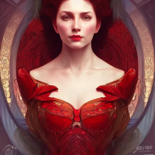 Image similar to portrait of red queen, intricate, elegant, highly detailed, digital painting, artstation, concept art, smooth, sharp focus, illustration, art by artgerm and greg rutkowski and alphonse mucha and william - adolphe bouguereau