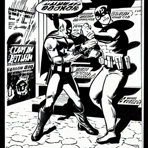 Image similar to comic book pane of Captain America arresting Batman, silver age of comics, Jack kirby illustration