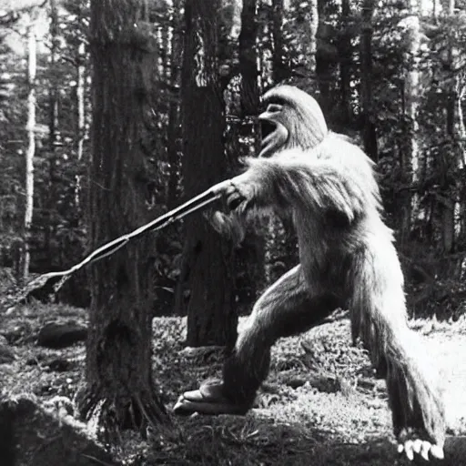 Prompt: old black and white photo of bigfoot hitting a bong
