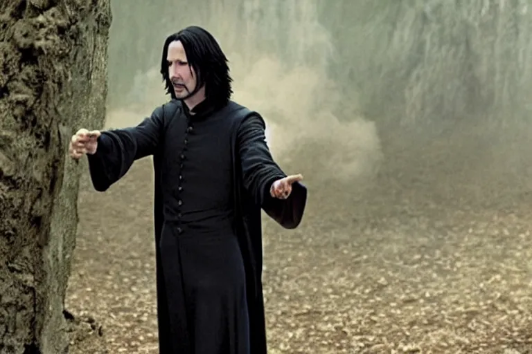 Prompt: film still of Keanu Reeves as Severus Snape in Harry Potter