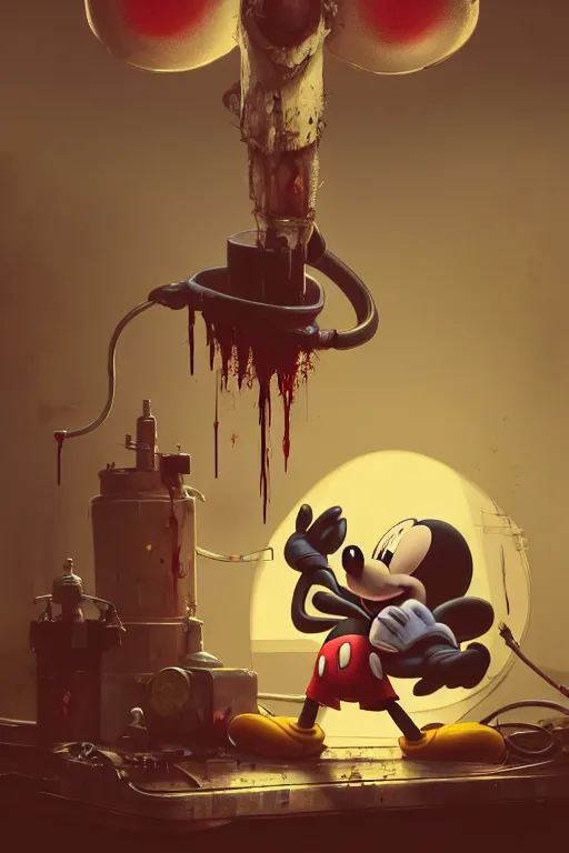 Image similar to mickey mouse bloody head being repaired by mechanics, made by beeple, greg rutkowski, alphonse mucha. cgsociety, unreal engine, octane render, highly detailed 4 k art, smooth, sharp focus, cinematic lighting, volumetric lighting, artstation,