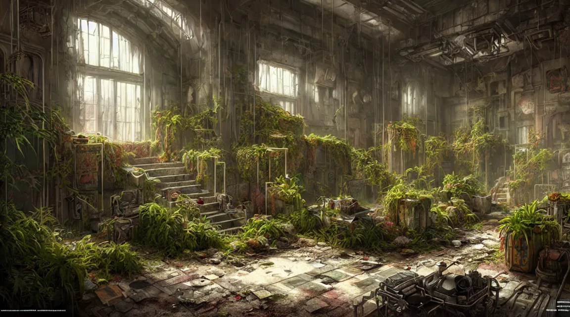 Image similar to post apocalyptic palace interior, interior plants, colorful color scheme, trending on cgsociety, photorealistic, hyperdetailed, hyperrealistic, game cg