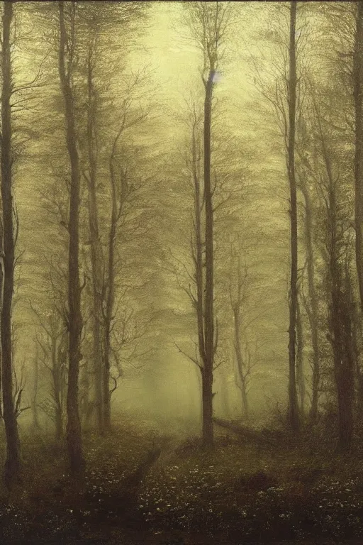 Image similar to dark and spooky painting of a forest dimly lit at night with tiny purple morning glory flowers trailing at the base of trees. foggy cinematic volumetric darkness, muted colour palette, detailed oil painting on canvas robert hughes, john everett millais