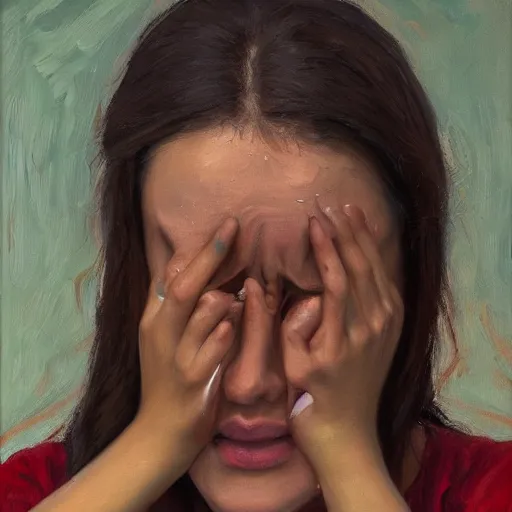 Prompt: a young woman crying, expressionist, high quality, 4k, oil on canvas by Elias Tykeson, very detailed, masterpiece, award-winning