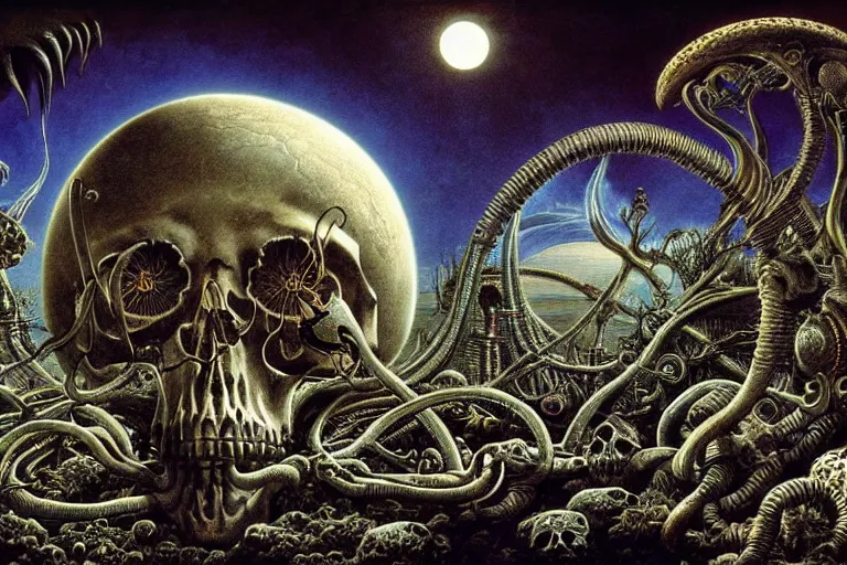 Image similar to a surreal and awe - inspiring science fiction landscape, full moon like skull, intricate, elegant, highly detailed matte painting by ernst haeckel and mark brooks