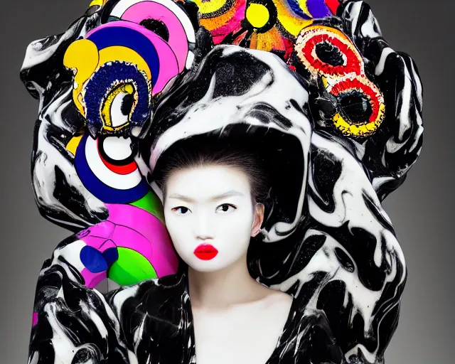 Image similar to extremely beautiful black marble statue in the style of takashi murakami, colorful motocross logos behind her, sharp focus, clear, detailed,, cinematic, detailed, off white, glamourous, symmetrical, vogue, editorial, fashion, magazine shoot, glossy