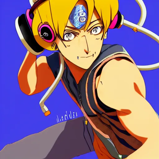 Image similar to Narancia Ghirga with headphones on, official art, key visual, very detailed, Jojo's Bizarre Adventure, digital art, artstation, 8K