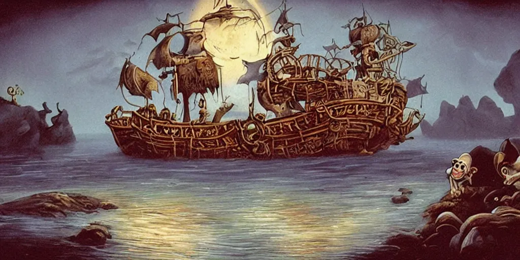 Image similar to The secret of Monkey Island, pirate monkeys ghost ship