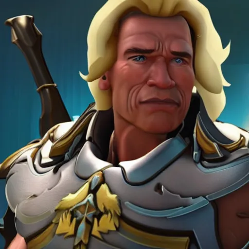 Image similar to a screenshot of arnold schwarzenegger as mercy in overwatch