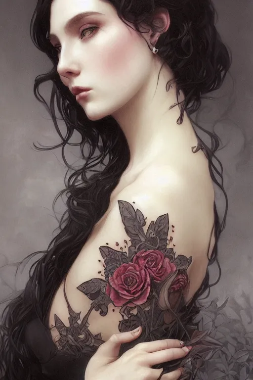 Image similar to portrait of a pretty gothic with tattoo, intricate, elegant, highly detailed, digital painting, artstation, concept art, smooth, sharp focus, illustration, art by artgerm and greg rutkowski and alphonse mucha and william - adolphe bouguereau