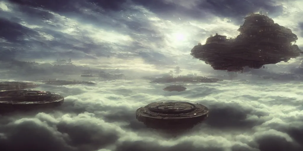 Prompt: a floating city in the clouds, 4 k, artstation