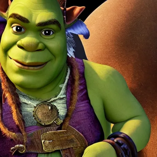 Prompt: promotional image of shrek as a pirate in Pirates of the Caribbean: The Curse of the Black Pearl (2003 film), detailed face, movie still, promotional image, imax 70 mm footage