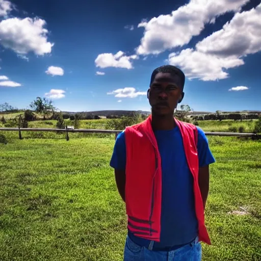 Image similar to Young man standing looking to the right in a red bandana, blue striped shirt, gray vest and a gun with a partly cloudy sky in the background. The young man is standing in front of an iron fence. Photograph. Real life