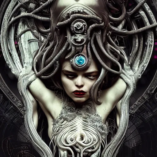 Image similar to Cyberpunk medusa, dark atmosphere, cinematic shot, intricate, ornate, photorealistic, ultra detailed, realistic, 35mm, photography, neon, octane, high definition, depth of field, bokeh, 8k, artstation, ((alphonse mucha)), (hr giger)