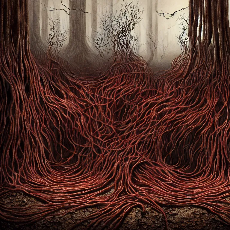 Prompt: still life of ribbed abandoned forest portrait, red color scheme, covered with roots, wires, tubes, standing in a desolate empty wasteland, creepy, nightmare, dream-like heavy atmosphere, surreal abandoned buildings, baroque painting, beautiful detailed intricate insanely detailed octane render trending on Artstation, 8K artistic photography, photorealistic, chiaroscuro, Raphael, Caravaggio, Beksinski, Giger