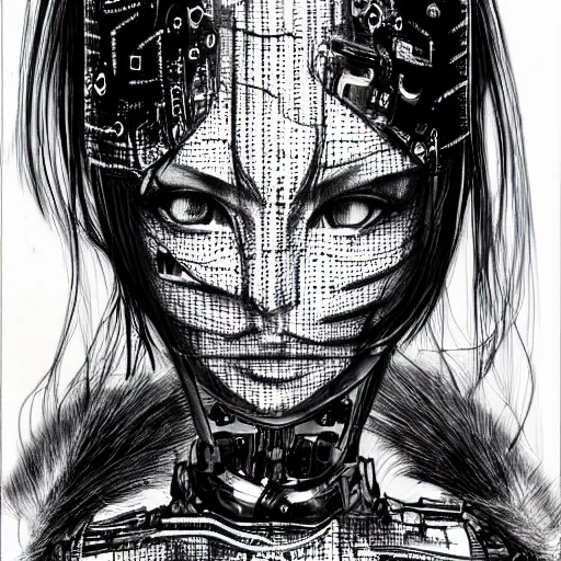 Image similar to punk robot girl, face portrait by makoto kobayashi and nihei tsutomu, pen sketch on paper, mechanical, cables