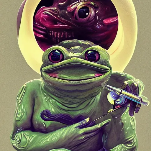 Image similar to plasticine wet shiny angles, crystal, moonlit, mirrors, camera angled dramatically, realistic hyperdetailed design of pepe the frog meme, ferocious, chinese mythology, victo nga, fumo yoshitoshi, ren jing jeong, feifei ruan, peter mohrbacher, takato yamamoto