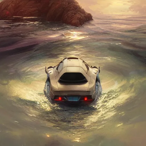 Image similar to a car under the water in the ocean, D&D, fantasy, intricate, cinematic lighting, highly detailed, digital painting, artstation, concept art, smooth, sharp focus, illustration, art by Artgerm and Greg Rutkowski and Alphonse Mucha