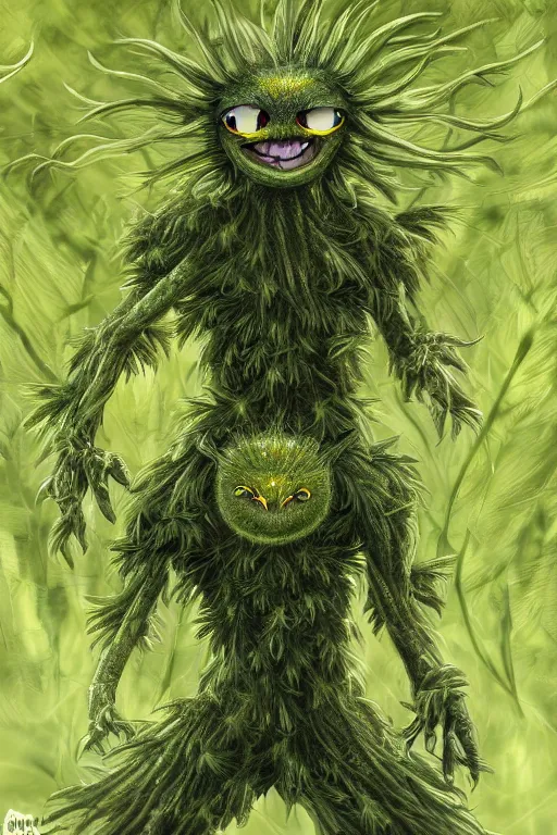 Image similar to a humanoid figure dandelion moss plant monster, large eyes and menacing smile, highly detailed, digital art, sharp focus, trending on art station, anime art style