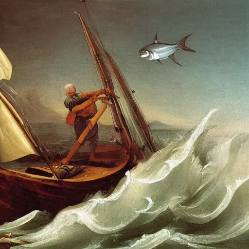 Prompt: a renaissance style oil painting of an old man, a marlin, and a boat in a turbulent sea. The old man is in the center of the image, with the marlin on the left and the boat on the right. He is leaning back, using all his strength to reel in the marlin. His face is sweaty and strained, and his arms are shaking. The marlin is huge, and its body is thrashing around in the water. The boat is small and insignificant compared to the marlin, and it is being pulled towards the fish. The overall effect is one of drama and suspense.