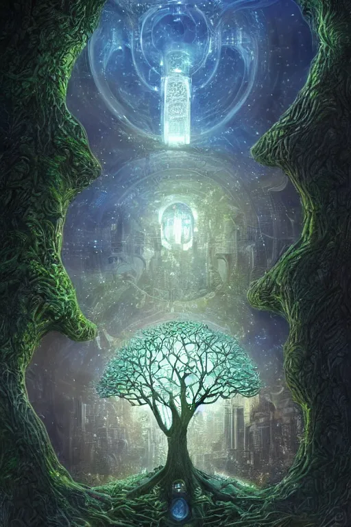 Image similar to tree of life, volymetric light, tiny miniature city around base of tree, sprawling out around it, dappled shadows and sparkly buildings, highly detailed matte painting by ( ohrai ), charlie bowater and mark brooks