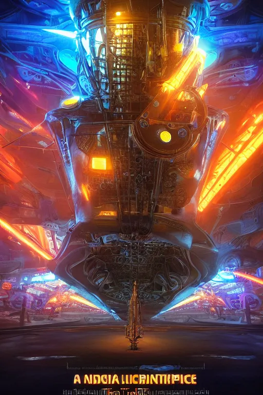 Image similar to a movie poster, the letters tripmachine, realistic digital art, 3 d render of a huge futuristic steampunk machinery inside a steampunk spaceship, 8 k, fluorescent colors, halluzinogenic, multicolored, exaggerated detailed, unreal engine