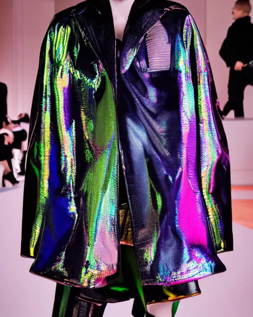 Prompt: an award winning fashion photograph of Balenciaga's techno jacket by Catherine Opie and Demna Gvasalia, cyberpunk, futuristic, Bladerunner 2049, dazzle camouflage!, chromatic, pearlescent, prismatic, dayglo pink, dayglo blue