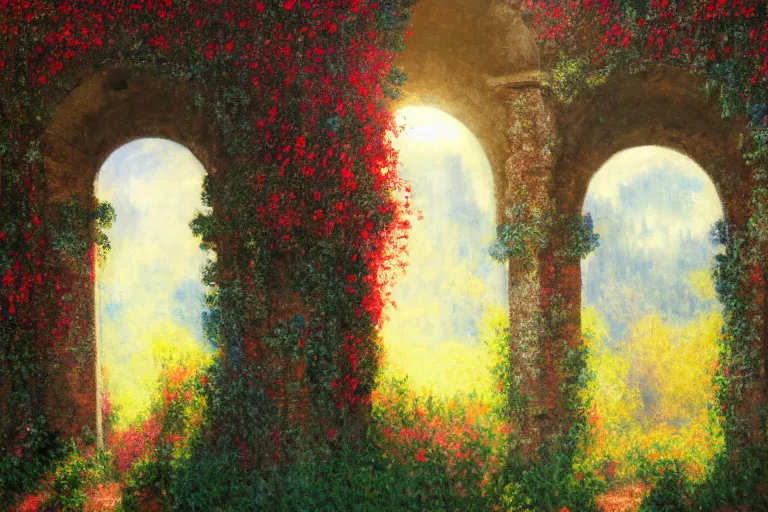 Prompt: broken arches leading to the pillars of eternity draped with red flowers and vines, blue sky, lens flare, a sense of mystery, cinematic, ultra detailed, intricate, sharp focus, trending on artstation, 8K, oil painting by Claude Monet