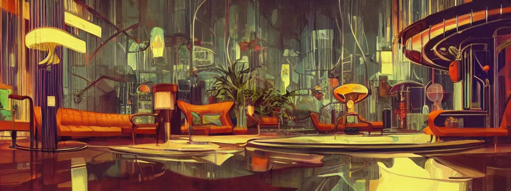 Image similar to concept art, retro - futurist speakeasy, reflections, night lighting, designer furniture, high ceiling, 6 0 s colour palette, plants, flowers, floor lamps, multi - level, soft lighting, city view, bladerunner, james jean, syd mead, akihiko yoshida, cinematic