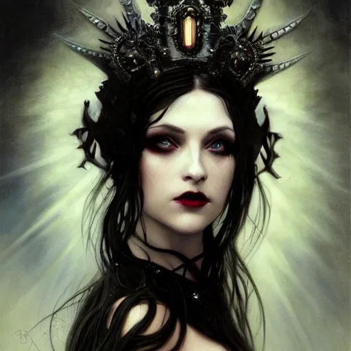 Image similar to dark goth queen by jeremy mann and alphonse mucha, fantasy art, photo realistic, dynamic lighting, artstation, poster, volumetric lighting, very detailed faces, blue eyes, 4 k, award winning dark, goth, queen, dark fantasy, hyperrealistic portrait, art of elysium, full figure, very detailed face, 4 k, award winning,