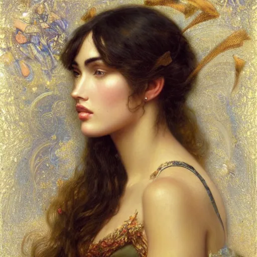 Image similar to detailed potrait of megan fox on baroque painting, girl graceful,, painting by gaston bussiere, craig mullins, j. c. leyendecker, lights, art by ernst haeckel, john william godward, hammershøi,,