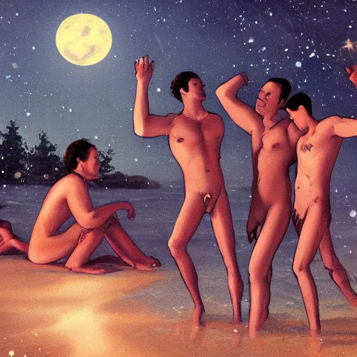 Image similar to five guys skinny dipping in the moonlight, trending on artstation