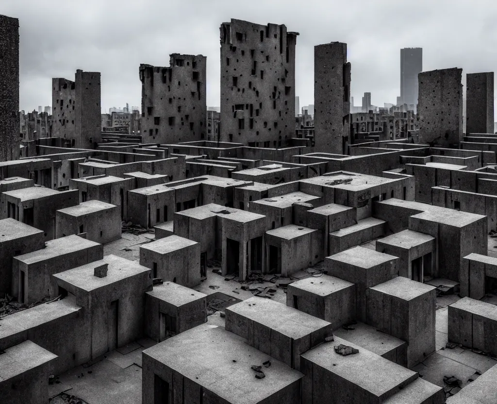 Image similar to wide angle view of a deserted city ruins with brutalism architecture and stone buildings, overcast weather. very detailed, ultra - realistic, 4 k.