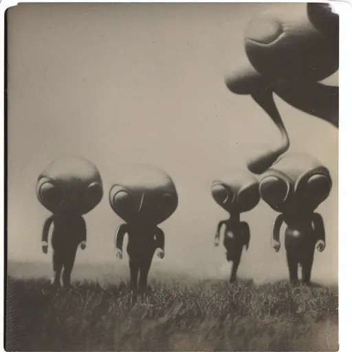 Image similar to polaroid photograph of horrorific alien beings visiting earth, 1 9 5 0