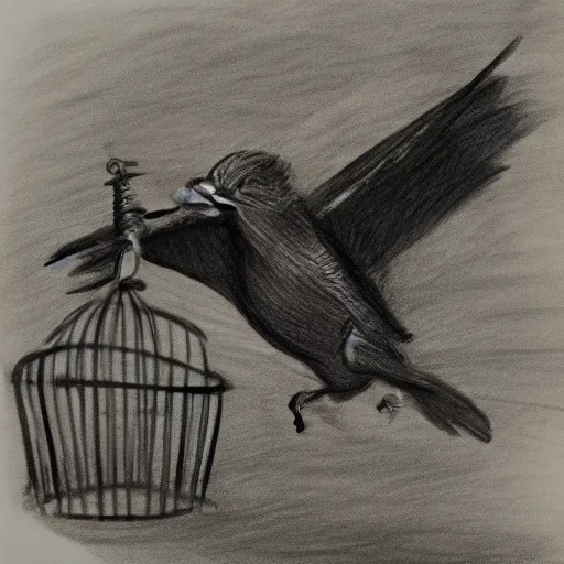 Image similar to a charcoal sketch of a flying bird in a cage, black and white, low detail