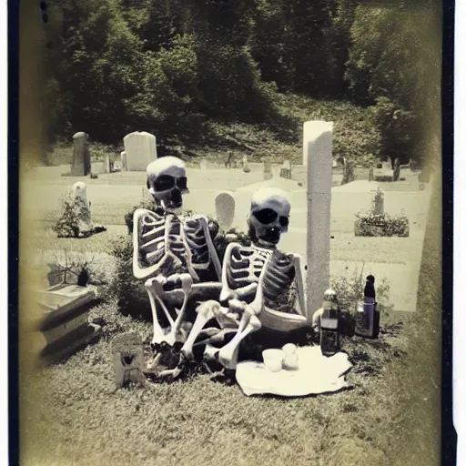 Prompt: old polaroid of a skeleton family doing a picnic in the cemetery