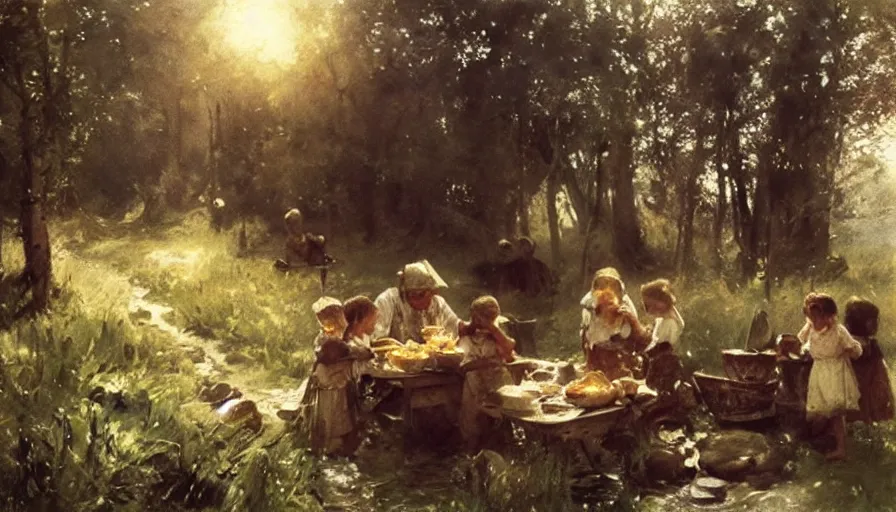 Image similar to simple villager and children about to eat a meal together, art by anders zorn, wonderful masterpiece by greg rutkowski, beautiful cinematic light, american romanticism thomas lawrence, greg rutkowski