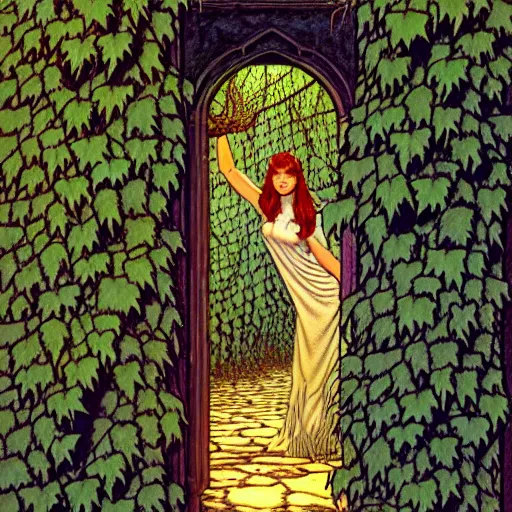 Prompt: Fantasy illustration by Clyde Caldwell Black, thorned ivy covers the walls for thirty feet east of the temple’s doorway. The vines snarl and twist, grasping at the air, as if searching for prey.