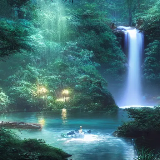 Prompt: Jungle Creek Lagoon at night, Waterfall, moonlight, Greg Rutkowski, Thomas kinkade, hyperrealism, artstation, 8k, panoramic, highly detailed, enhanced lighting