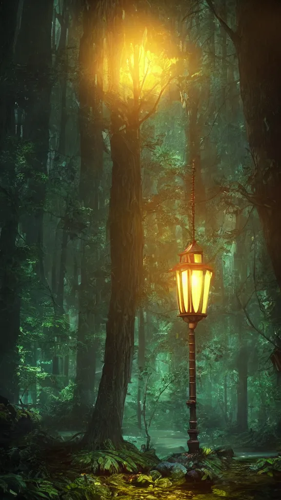 Image similar to glowing lantern in a fantasy forest at night, artstation hq, photorealistic, hiperrealistic, sharp focus, 4 k uhd, unreal engine 5, cinematic shot, cinematic lightning, dark tones, high contrast, intricate, masterpiece