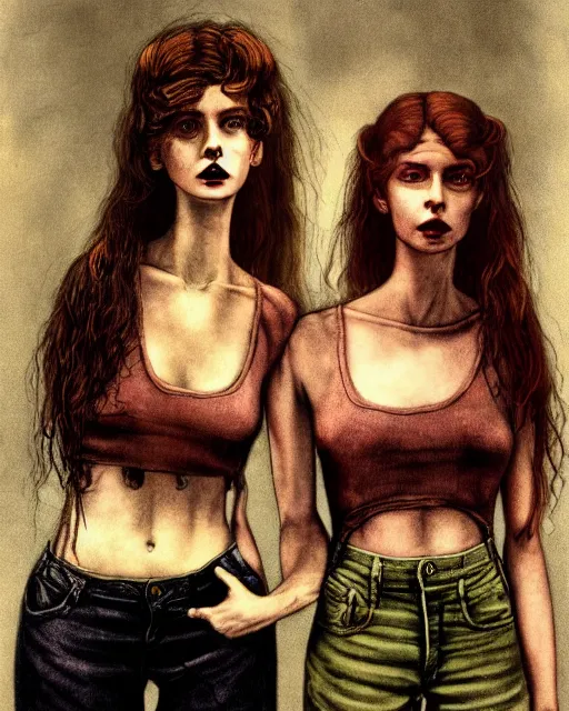 Image similar to two handsome but sinister, creepy young women in layers of fear, wearing oxford shorts, with haunted eyes like mannequins band wild hair, 1 9 7 0 s, seventies, wallpaper, a little blood, moonlight showing injuries, delicate embellishments, painterly, offset printing technique, by john howe, brom, robert henri, walter popp