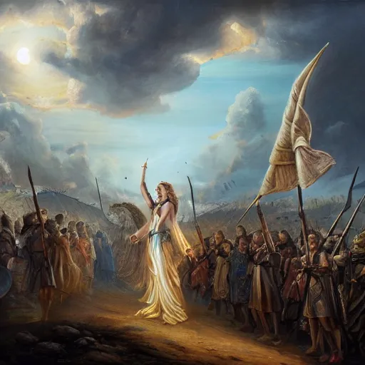 Image similar to the goddesses fraya going to war with her army, oil painting, golden hour, 8 k uhd, high detail, awe - inspiring.