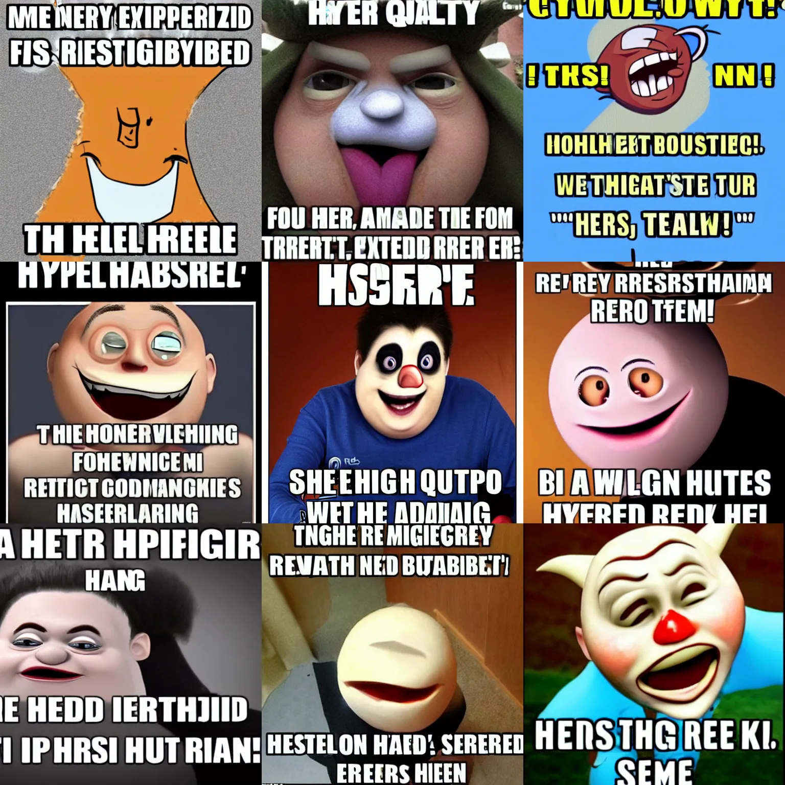 Prompt: a very high quality meme featuring a hyper realistic troll face and text that reads 'he'
