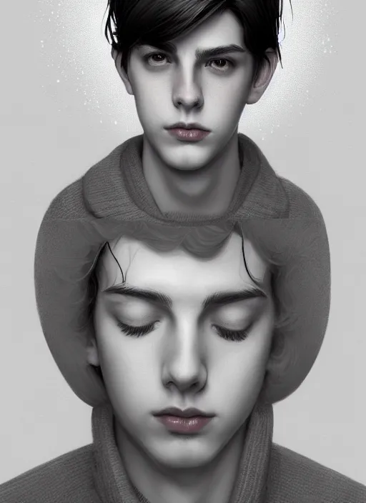 Image similar to portrait of teenage jughead jones wearing a light grey crown, photorealistic, crown, eyes closed, crown, black hair, intricate, elegant, glowing lights, highly detailed, digital painting, artstation, concept art, smooth, sharp focus, illustration, art by wlop, mars ravelo and greg rutkowski