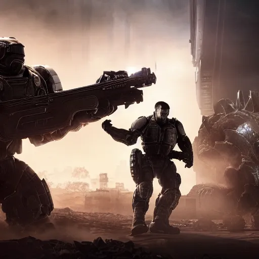 Image similar to killer robots in gears of war, splash art, movie still, cinematic lighting, ray tracing, octane render, long lens, shallow depth of field, bokeh, anamorphic lens flare, 8 k, hyper detailed, 3 5 mm film grain