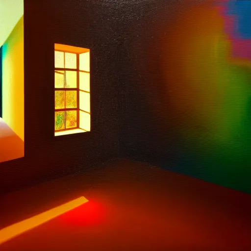 Image similar to A surreal piece of art depicting a man who doesn't know where he is, complex room structure, ray-traced lighting, colours leaking, implosion, dreamy, oil on canvas