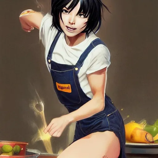 Prompt: cassandra cain wearing overalls!!! cooking in a kitchen!, beautiful face!!!!, cg animation, lifelike, animated, realistic, by artgerm, greg rutkowski, 3 d