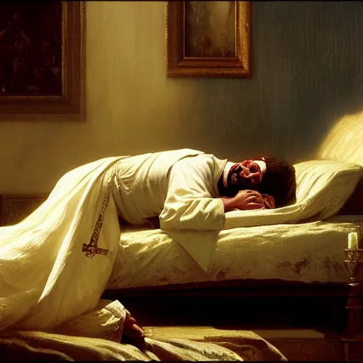 Prompt: the pope laying down in his bed, terrified, because a double horned shadow demon is in the the bedroom. highly detailed painting by gaston bussiere, greg rutkowski, craig mullins 8 k